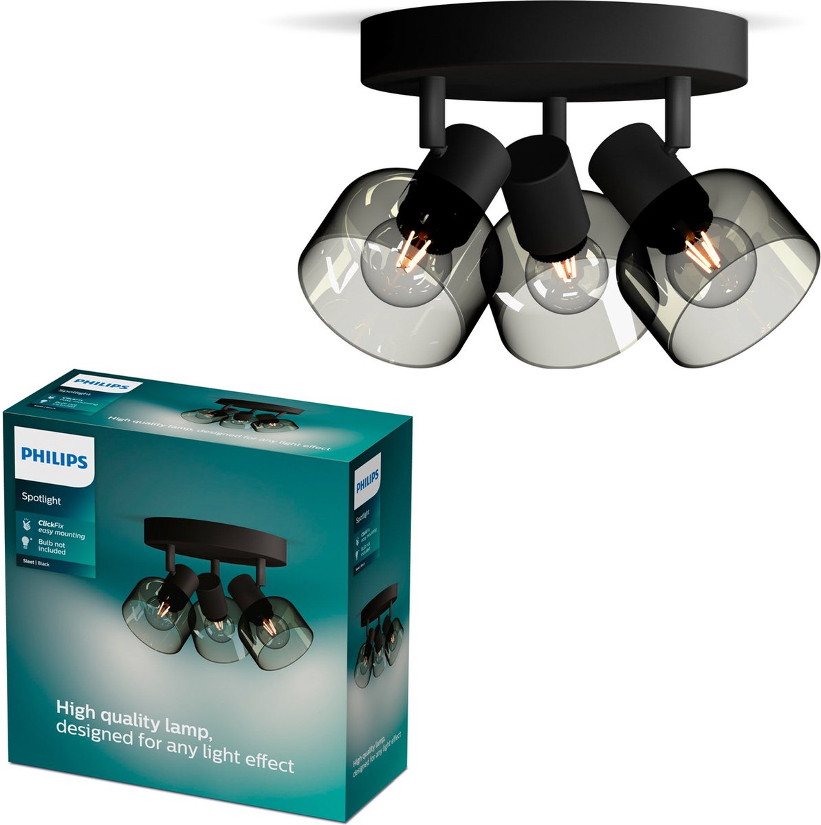 Philips led philips sleet spot - plafondspot met drie lichtpunten - met gerookt glas - kleine fitting e14 - ronde basisplaat