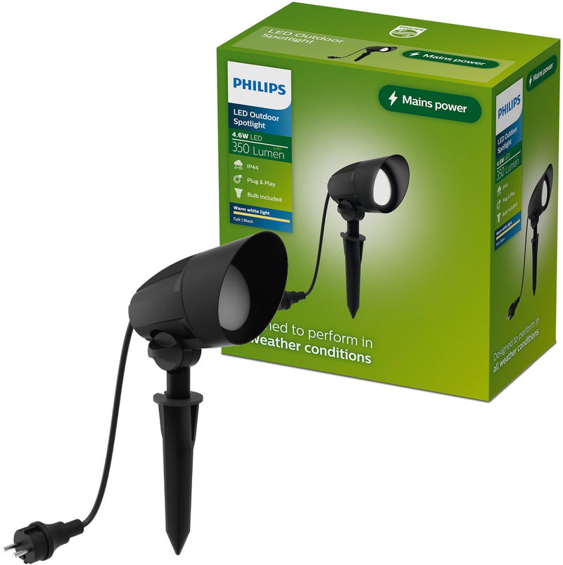 Philips Foco de suelo LED Philips Cylr - iluminación exterior - luz blanca cálida: 2700k - Foco LED Gu10 incluido - resistente a la intemperie: IP44 - negro - enchufe