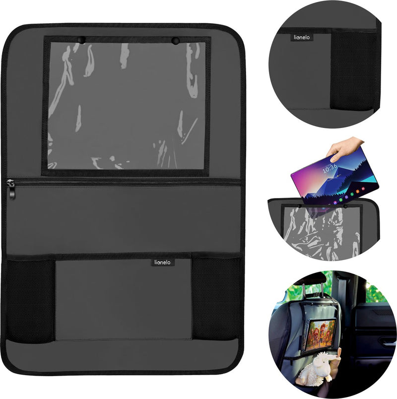 Organizador de asiento Lionelo - organizador de asiento de coche funcional - 5 compartimentos de almacenamiento, soporte para tablet de hasta 13" - cuero PU impermeable - fácil montaje - seguro y práctico para viajar