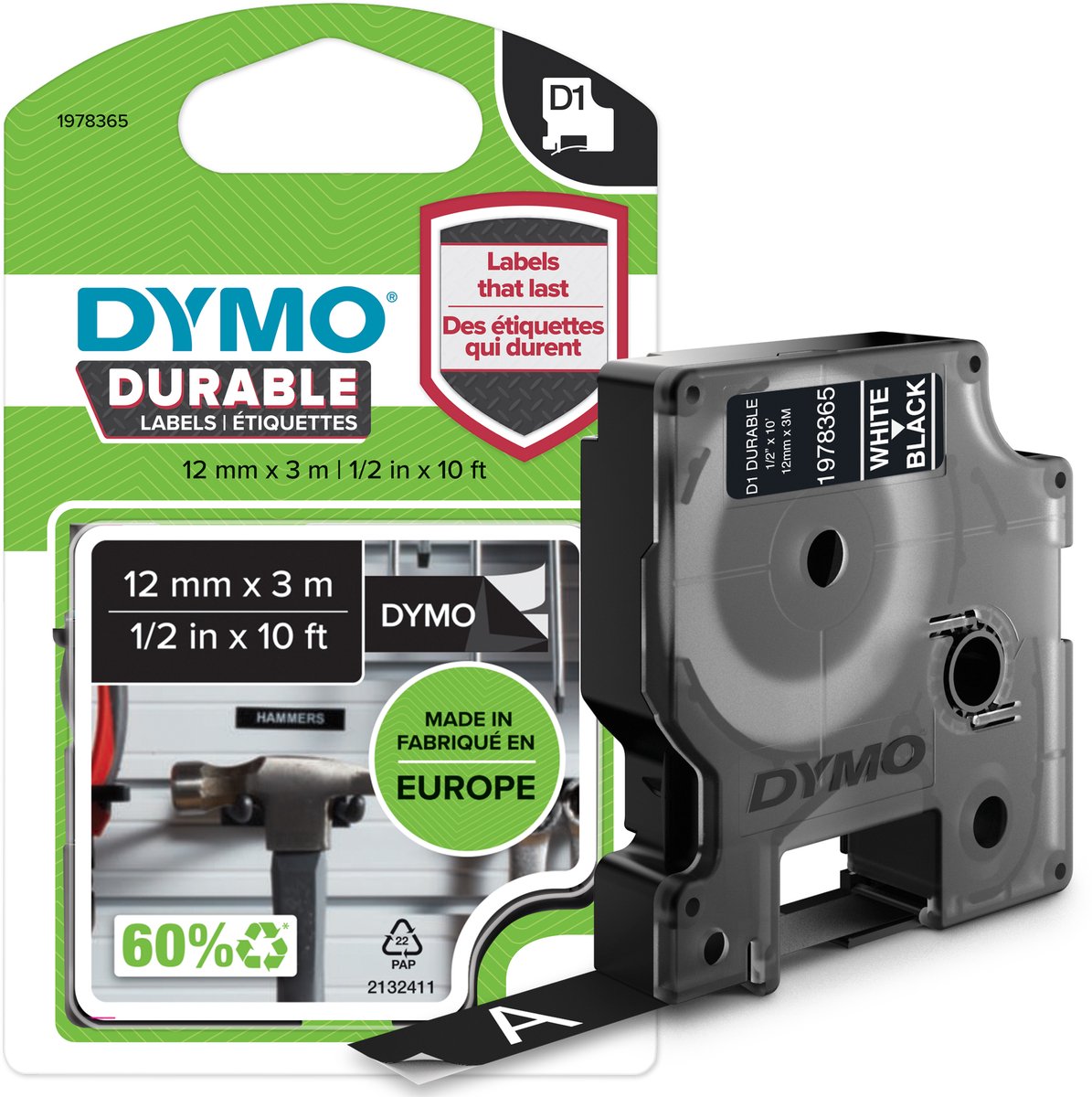 Etichette durevoli Dymo originali d1 | testo bianco su etichetta nera | 12 mm x 3 m | etichette autoadesive per la stampante per etichette Label Manager | prodotto in Europa