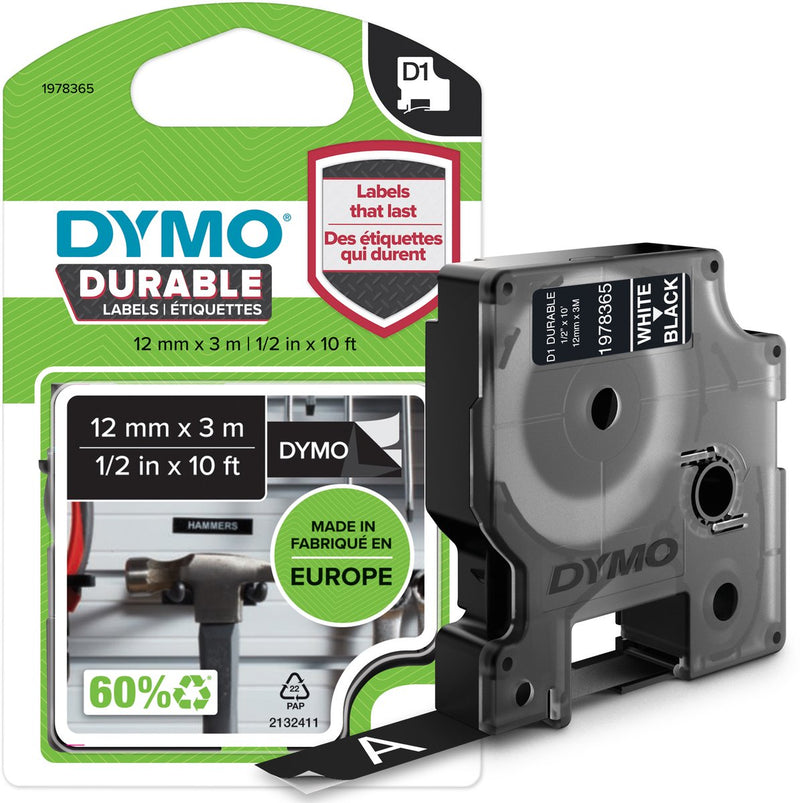 Etichette durevoli Dymo originali d1 | testo bianco su etichetta nera | 12 mm x 3 m | etichette autoadesive per la stampante per etichette Label Manager | prodotto in Europa