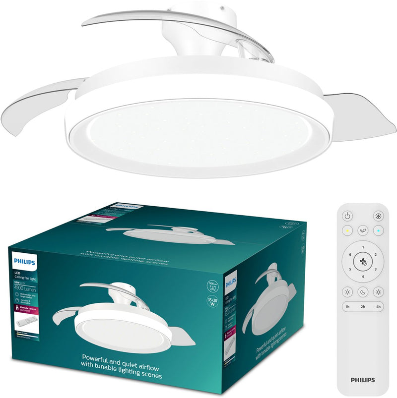 Ventilatore da soffitto Philips LED Philips Bliss con lampada LED integrata - 3 pale retrattili, diametro: 106cm - 4500 lumen - luce bianca regolabile da 2700k a 6500k - dimmerabile fino al 5% - telecomando - bianco con glitter