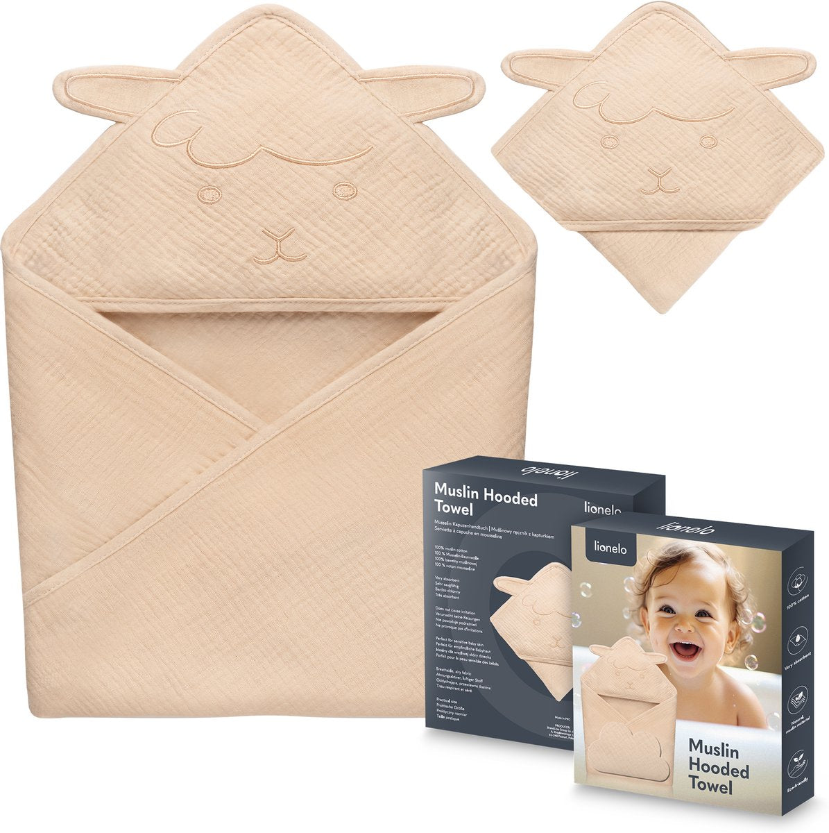 Lionelo muslin hooded baby towel - soft baby towel with hood made of 100% cotton muslin - soft bath cape with hood - breathable, hypoallergenic, irritation-free - excellent absorption - for newborns older children - 75x75 cm