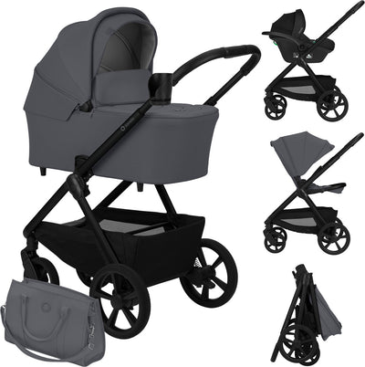 Passeggino Lionelo Carmine 3 in 1 - incluso seggiolino auto Astrid I-size - ruote Graveltech fuoristrada - materasso Airydots con ventilazione 3D - navicella antireflusso - comode sospensioni - pieghevole con sedile - UPF50+ - set accessori completo