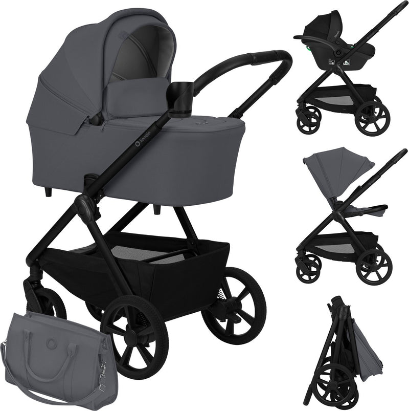 Passeggino Lionelo Carmine 3 in 1 - incluso seggiolino auto Astrid I-size - ruote Graveltech fuoristrada - materasso Airydots con ventilazione 3D - navicella antireflusso - comode sospensioni - pieghevole con sedile - UPF50+ - set accessori completo