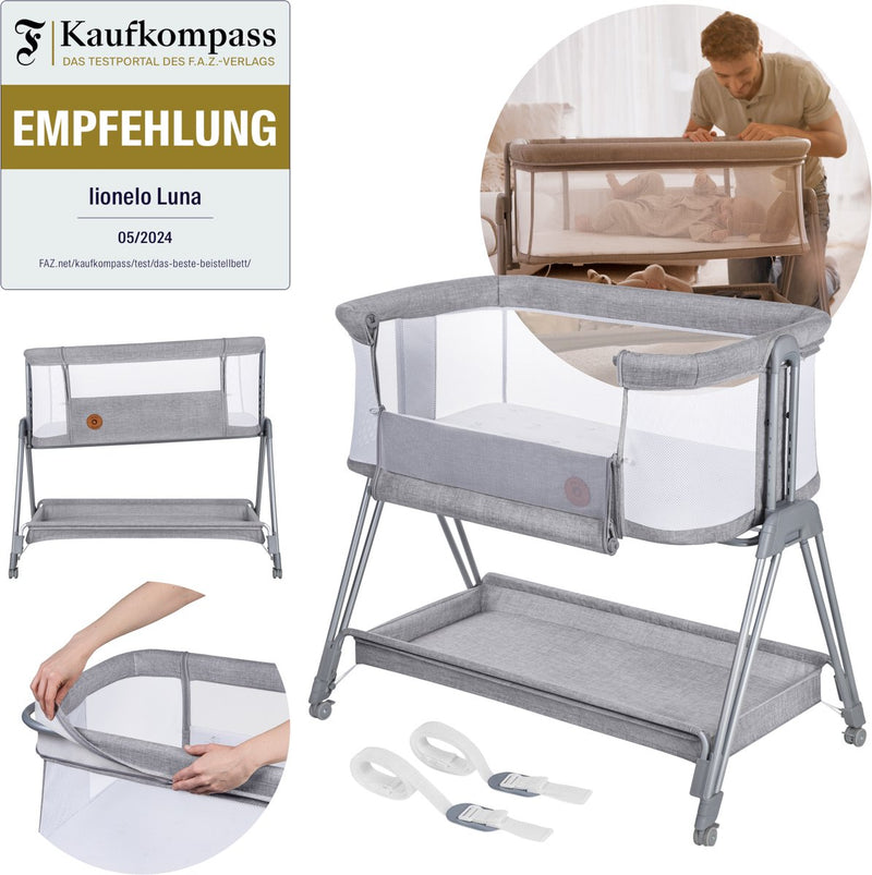 Lionelo luna – 2-in-1 babybedje co-sleeper – geboorte tot 9 kg – 7 hoogtestanden – kantelbaar matras – mesh zijkanten – wielen met blokkade – wasbare hoes – inclusief opbergmand