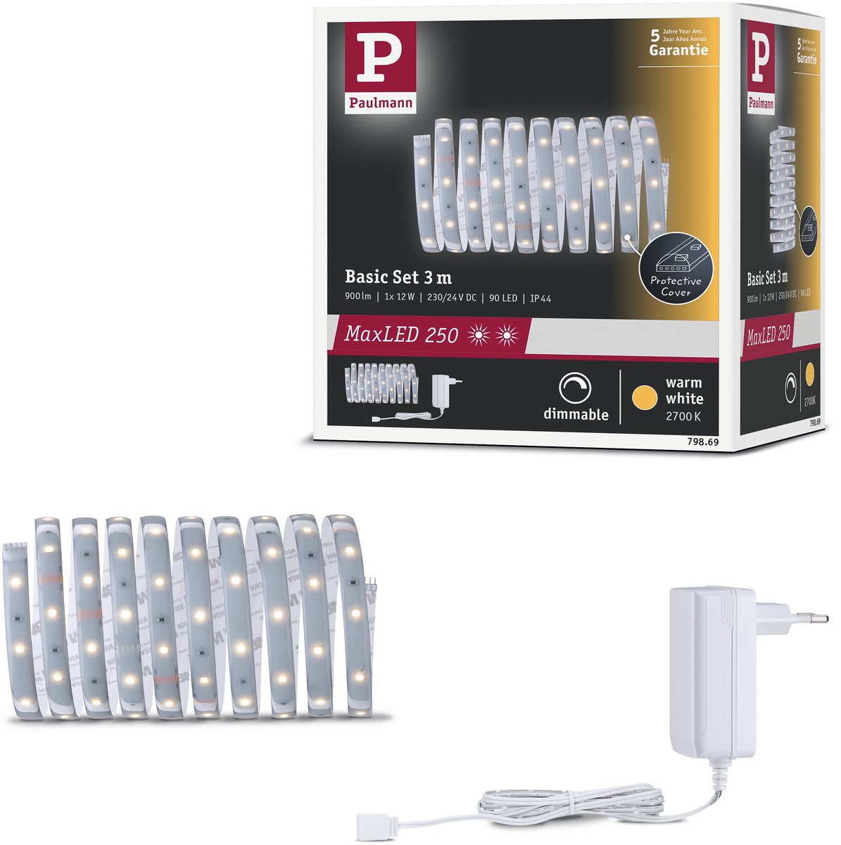 Paulmann maxled 250 led strip basisset 3m 2700k 3m gecoat ip44 12w 300lm m 30 leds m 2700k 24va