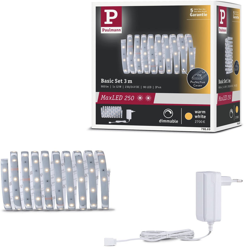 Paulmann maxled 250 strisce led set base 3m 2700k 3m rivestito ip44 12w 300lm m 30 led m 2700k 24va