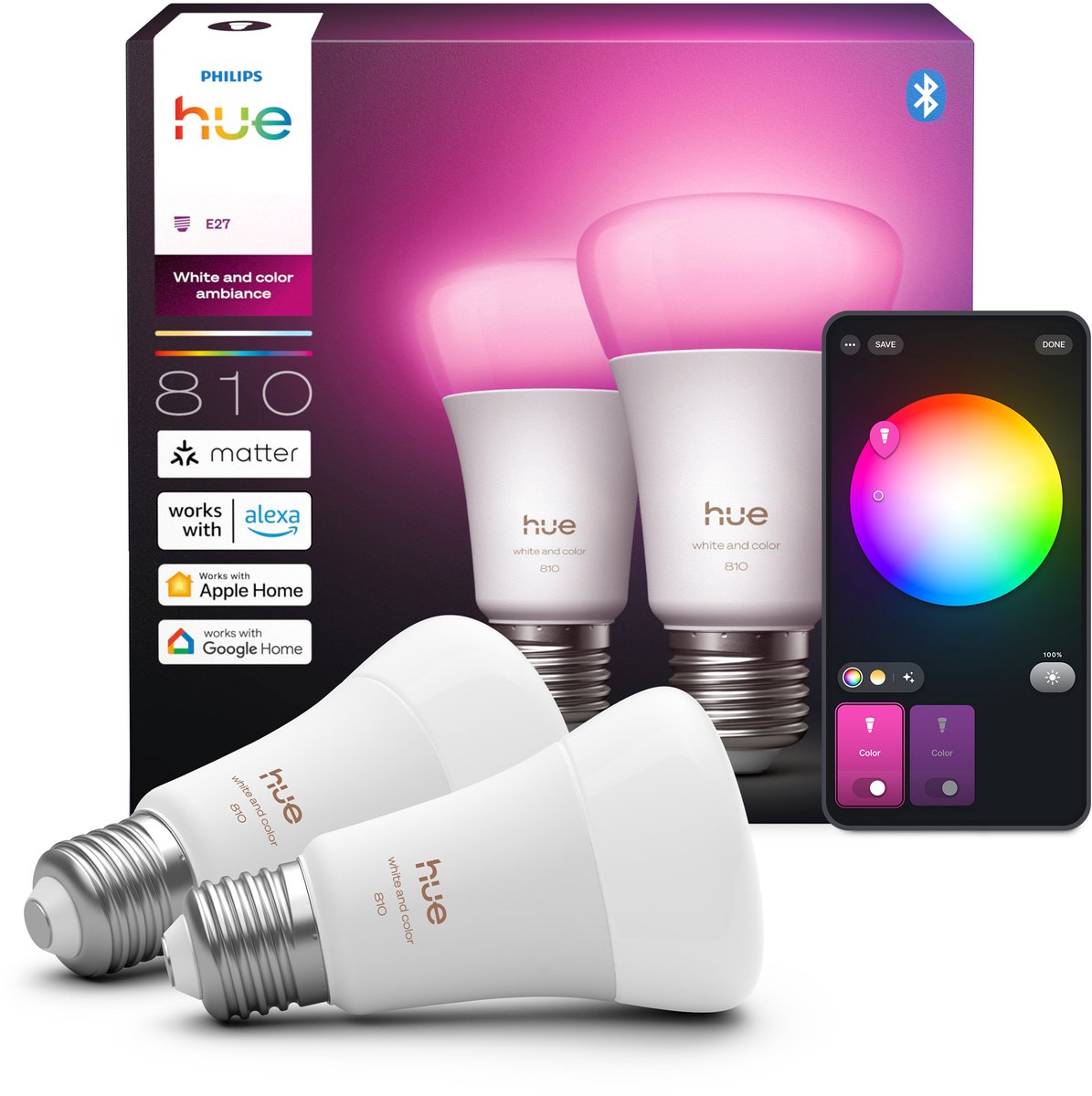 Bombilla Philips Hue smart LED A60, luz blanca y de color, casquillo E27, paquete de 2