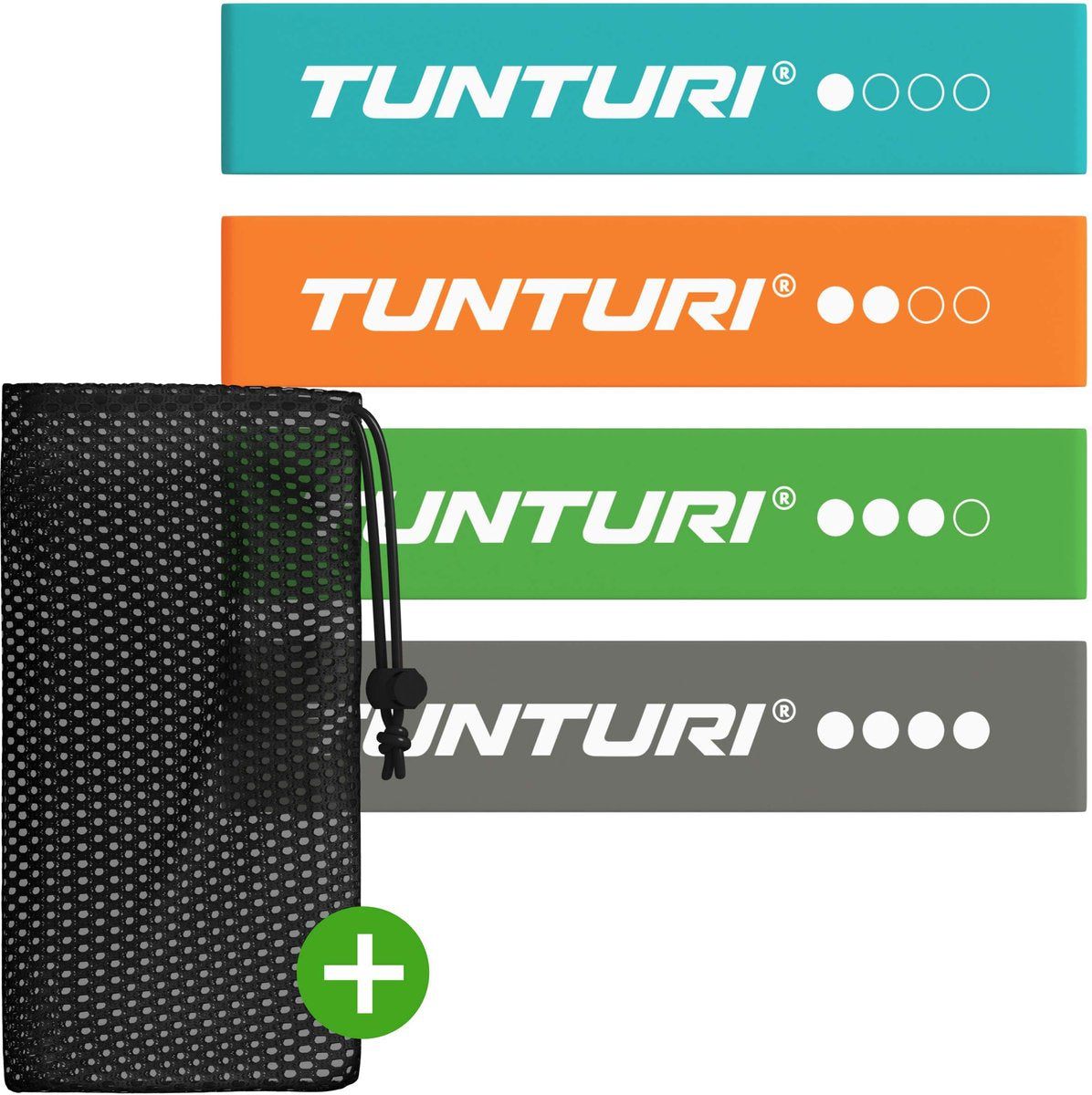 Set di 4 fasce di resistenza Tunturi - mini fascia per il corpo Power - fascia di resistenza - elastico fitness - fascia fitness - fascia da allenamento - fascia da ginnastica - incl. applicazione fitness gratuita