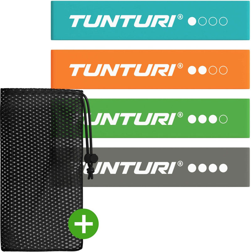 Set di 4 fasce di resistenza Tunturi - mini fascia per il corpo Power - fascia di resistenza - elastico fitness - fascia fitness - fascia da allenamento - fascia da ginnastica - incl. applicazione fitness gratuita