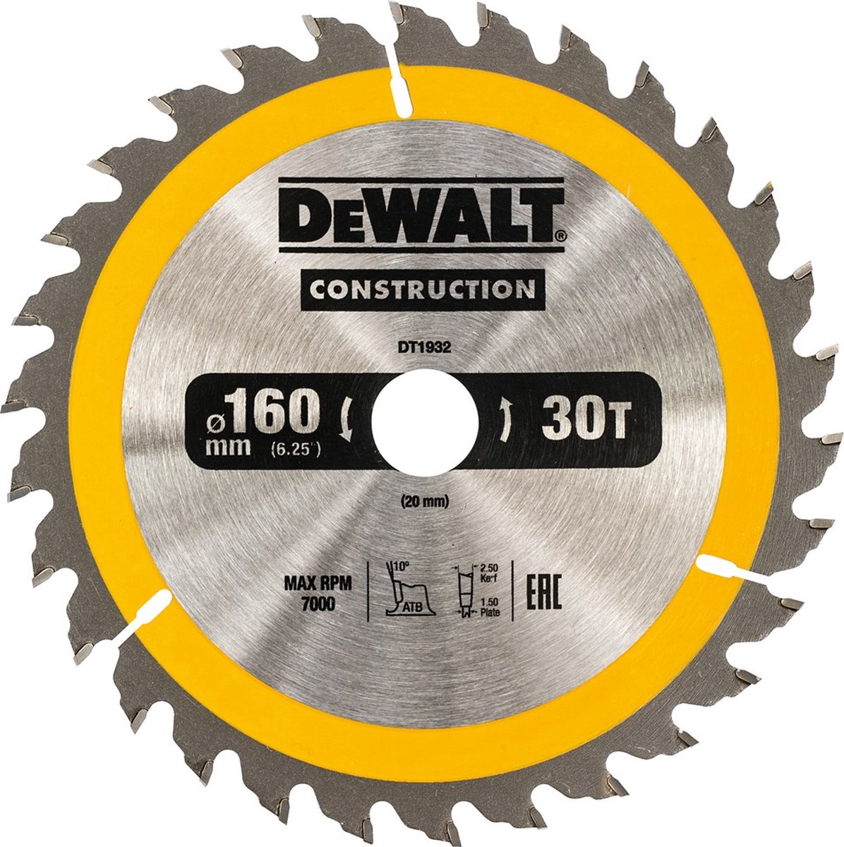 Dewalt cirkelzaagblad voor hout | construction | ø 160mm asgat 20mm 30t - dt1932-qz