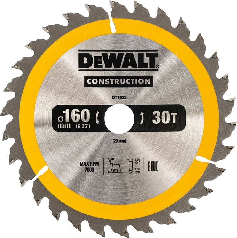 Hoja de sierra circular Dewalt para madera | construcción | ø 160mm agujero eje 20mm 30t - dt1932-qz