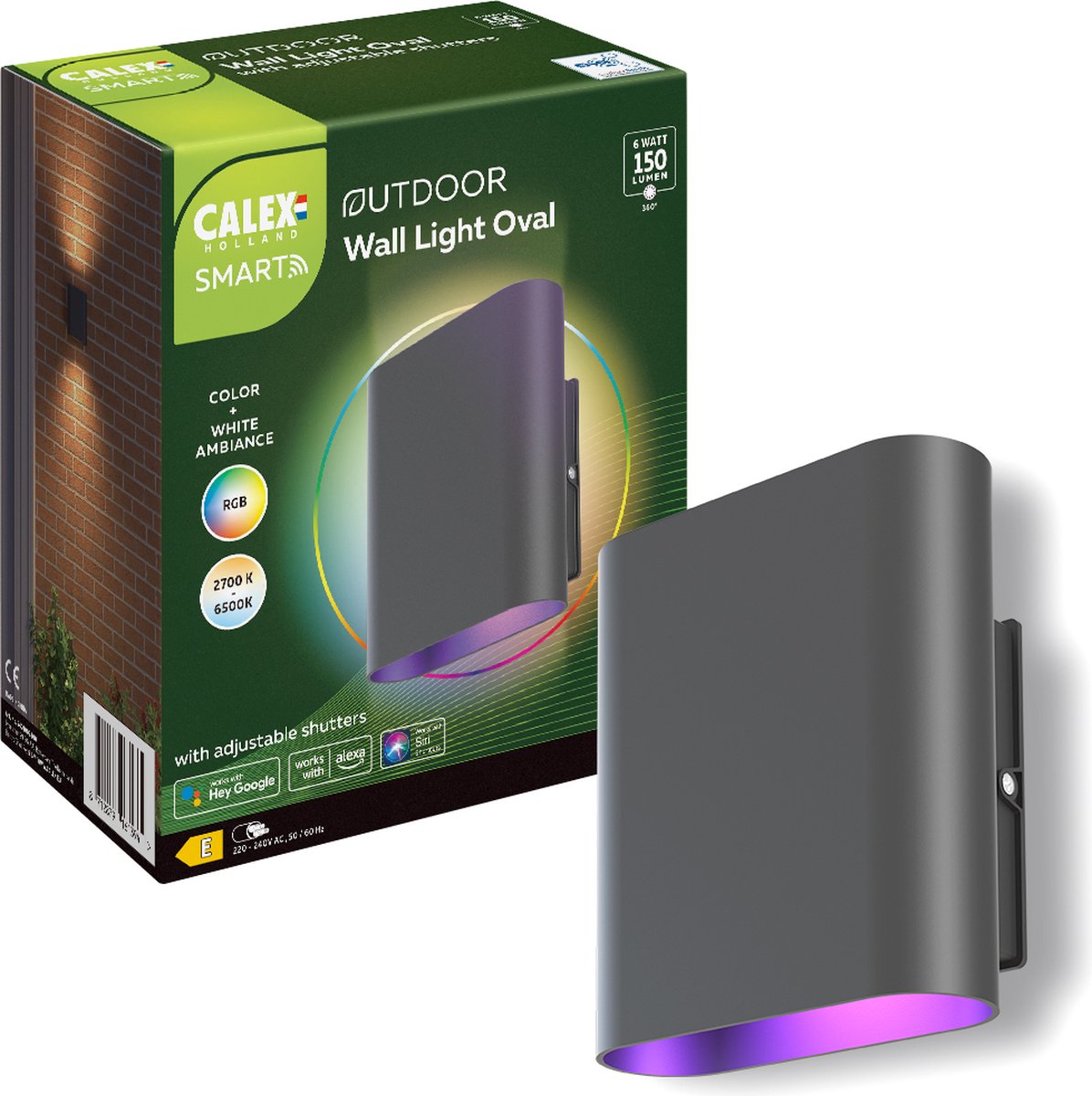Lampada da parete smart outdoor led up down Calex - lampada da esterno smart - ovale - rgb e luce bianca calda - 6w - nera
