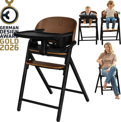 Seggiolone Lionelo Celia 3 in 1 in legno - da bambino ad adulto - poggiapiedi sedile regolabile - cintura a 5 punti - rivestimento in ecopelle - incluso vassoio pappa baby set - portata fino a 110 kg