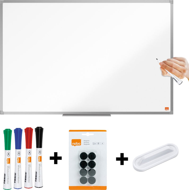 Set lavagna magnetica Nobo essence 90x60 cm - con kit iniziale - con vaschetta portapenne - lavagna in acciaio laccato - bianco