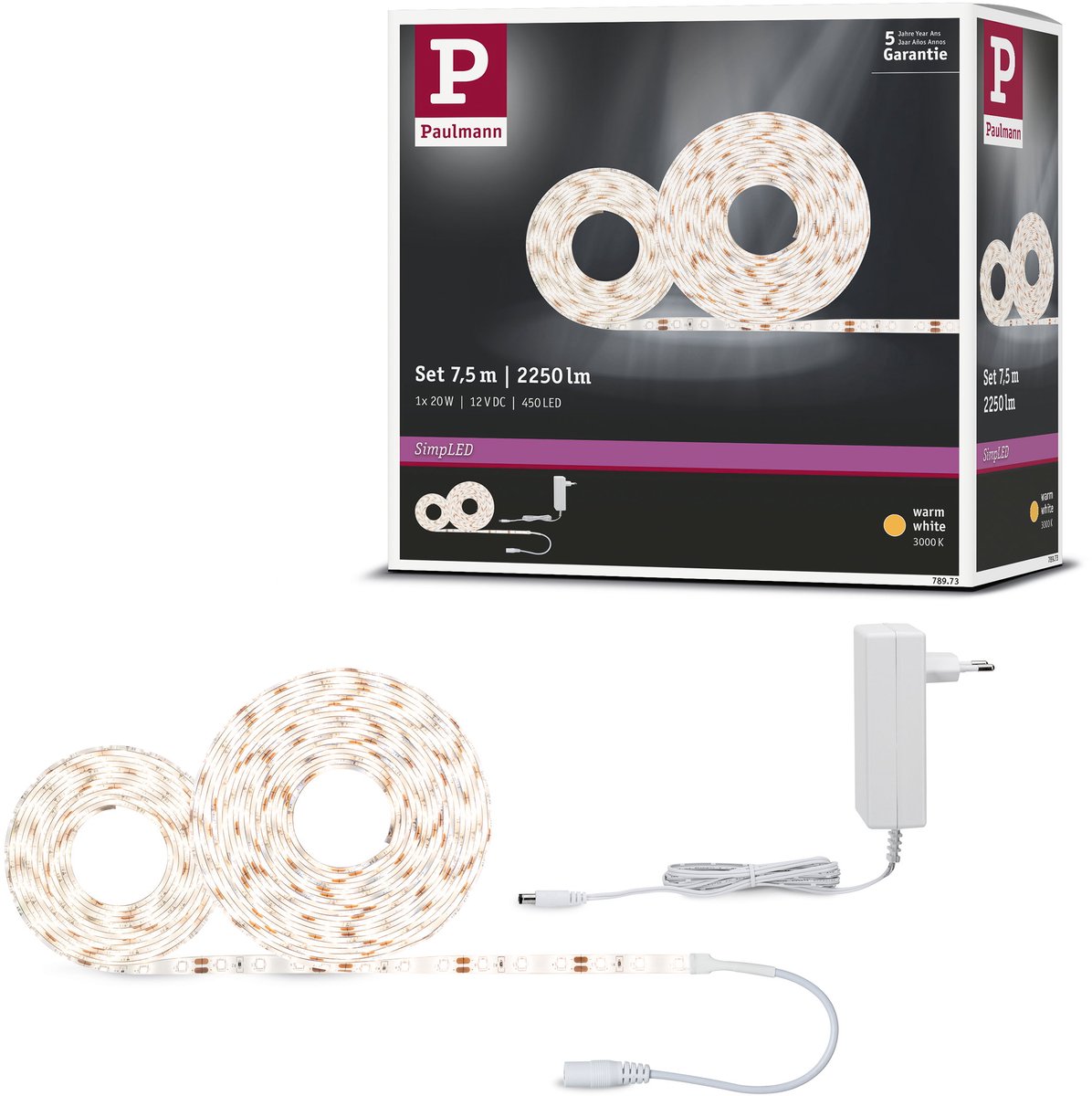 Tira LED Paulmann simpled 7,5 metros blanco cálido 3000k - set plug play - 20w - 300 lm m - 60 LEDs m - para interior - revestida