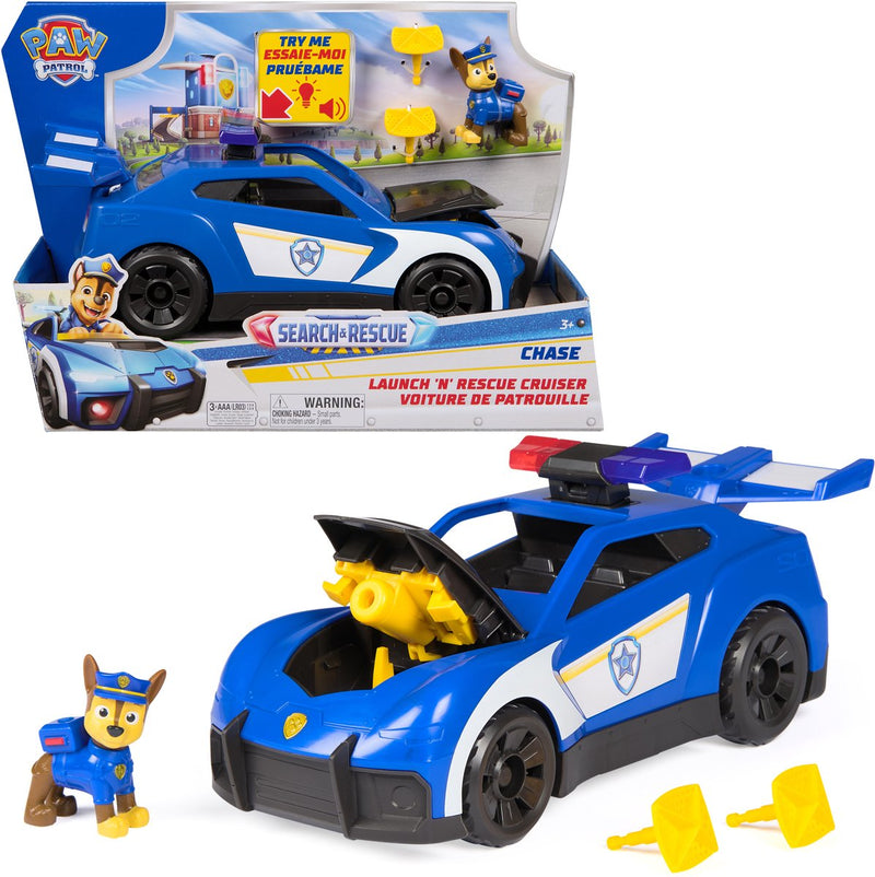 Paw Patrol - Cerca salvataggio - Insegui l'auto della polizia - Con figura, luce, suono, 2 proiettili - Veicoli giocattolo
