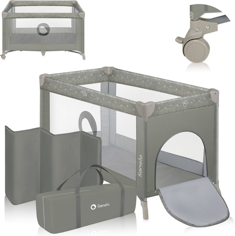Lionelo campingbedje 3 in 1 - baby bed inklapbare box reisbedje - 60x120 cm - 0-36 maanden tot 15 kg - met comfort matras - zij-ingang met rits - wielen - transporttas - stefi babybed babybox ledikant