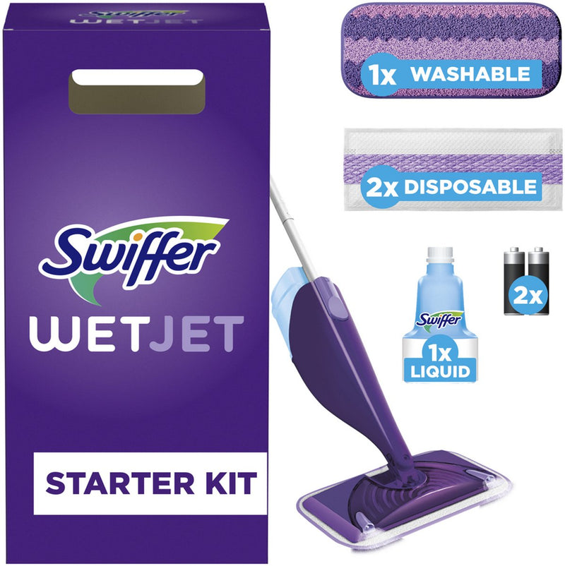 Swiffer WetJet Starter Set Sistema de fregado todo en uno para cada suelo, incluye 2 toallitas desechables + 1 toallita lavable + 500 ml de agente limpiador