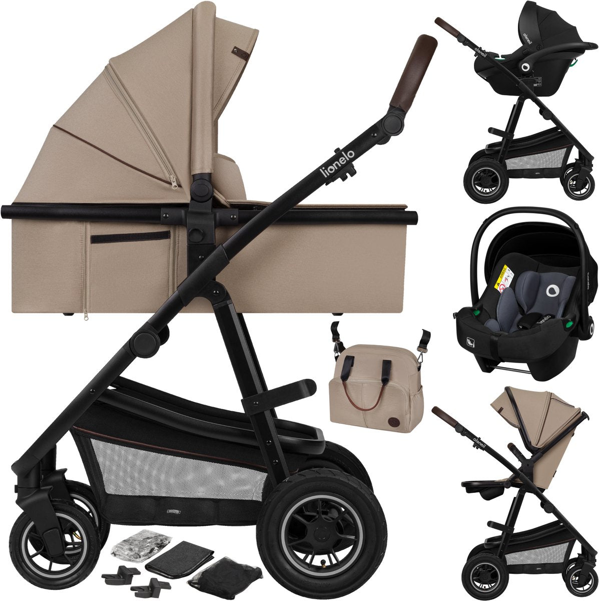 Lionelo amber stroller 3 in 1 - travel cot + buggy + car seat - pneumatic tires, full suspension - comfortable baby mattress - quickly foldable - diaper bag - rain cover - mosquito net - from birth to 4 years (0-22 kg)