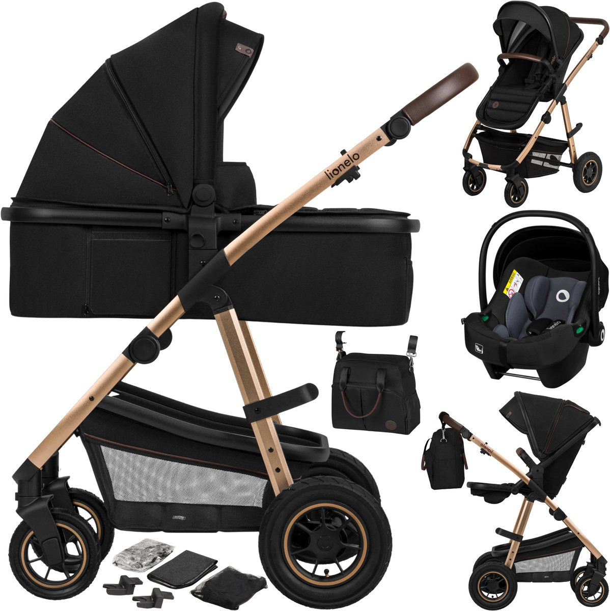 Lionelo amber stroller 3 in 1 - travel cot + buggy + car seat - pneumatic tires, full suspension - comfortable baby mattress - quickly foldable - diaper bag - rain cover - mosquito net - from birth to 4 years (0-22 kg)