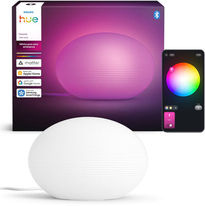 Lampada da tavolo Philips Hue Flourish - paralume in vetro bianco - luce bianca e colorata regolabile - lampadina LED intelligente inclusa - 1100 lumen - controllo tramite la nostra app o con la voce - compatibile con Matter