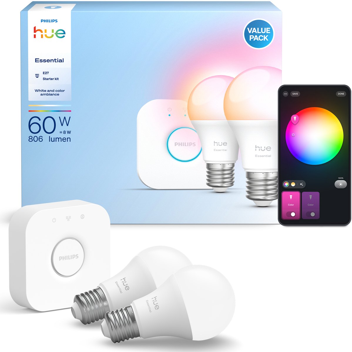 Starter kit Philips hue essenziali - luce bianca e colorata - 1 bridge - 2 lampade a60