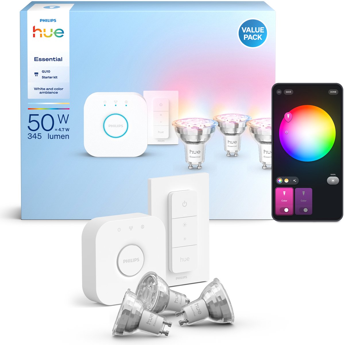 Philips Hue Essential Starter Kit - luce bianca e colorata - 1 bridge - 3 spot gu10 e dimmer