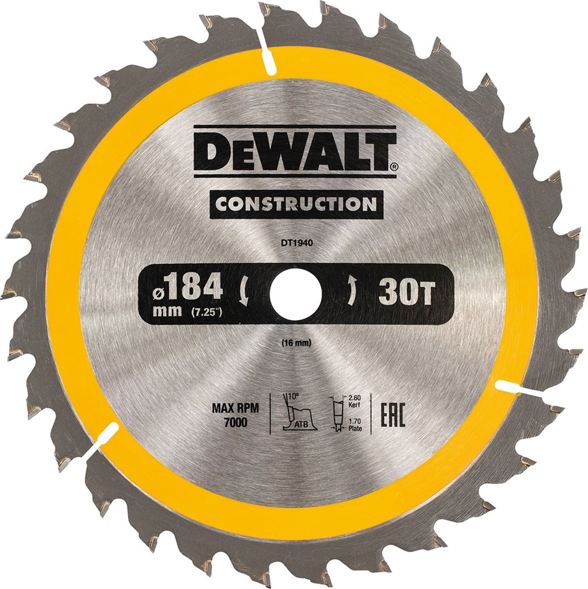 Dewalt construction - cirkelzaagblad - 184mm - 30t - houtbewerking
