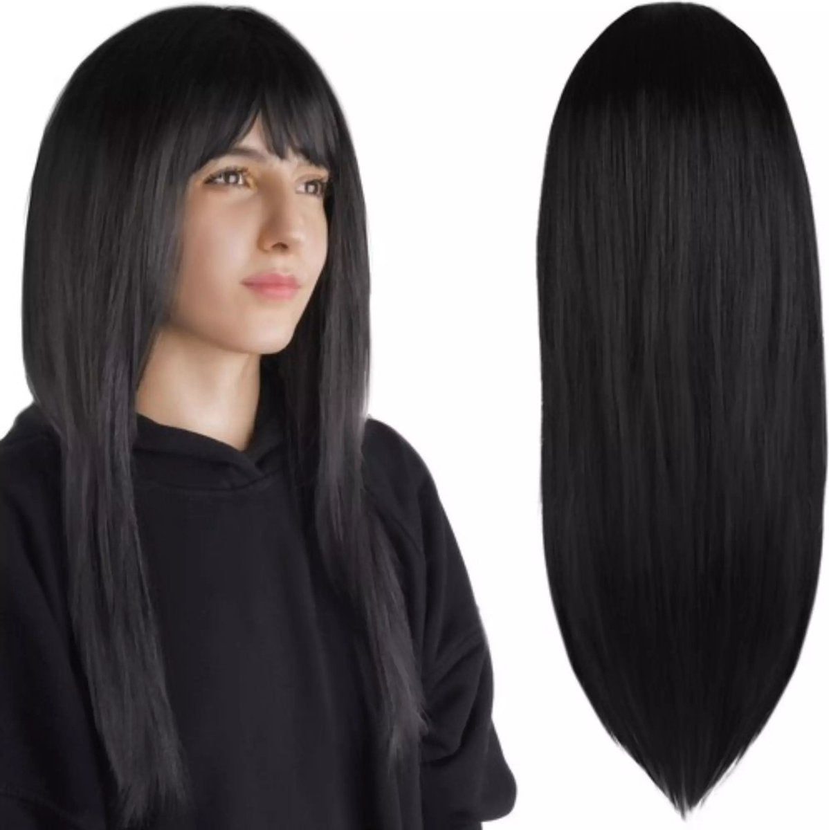 Parrucca Soulima lunga nera, parrucca lunga e folta da donna con cordolo, stile carnevale nero, parrucca nera