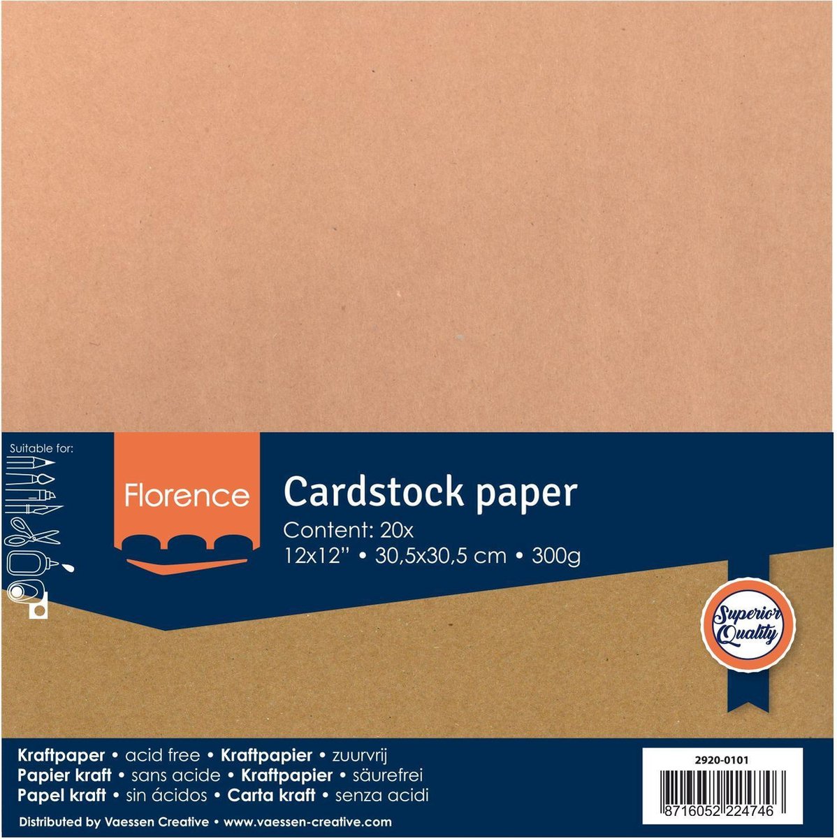 Papel kraft Florence - papel hobby - marrón - 30,5 x 30,5 cm - 300 g - 20 hojas