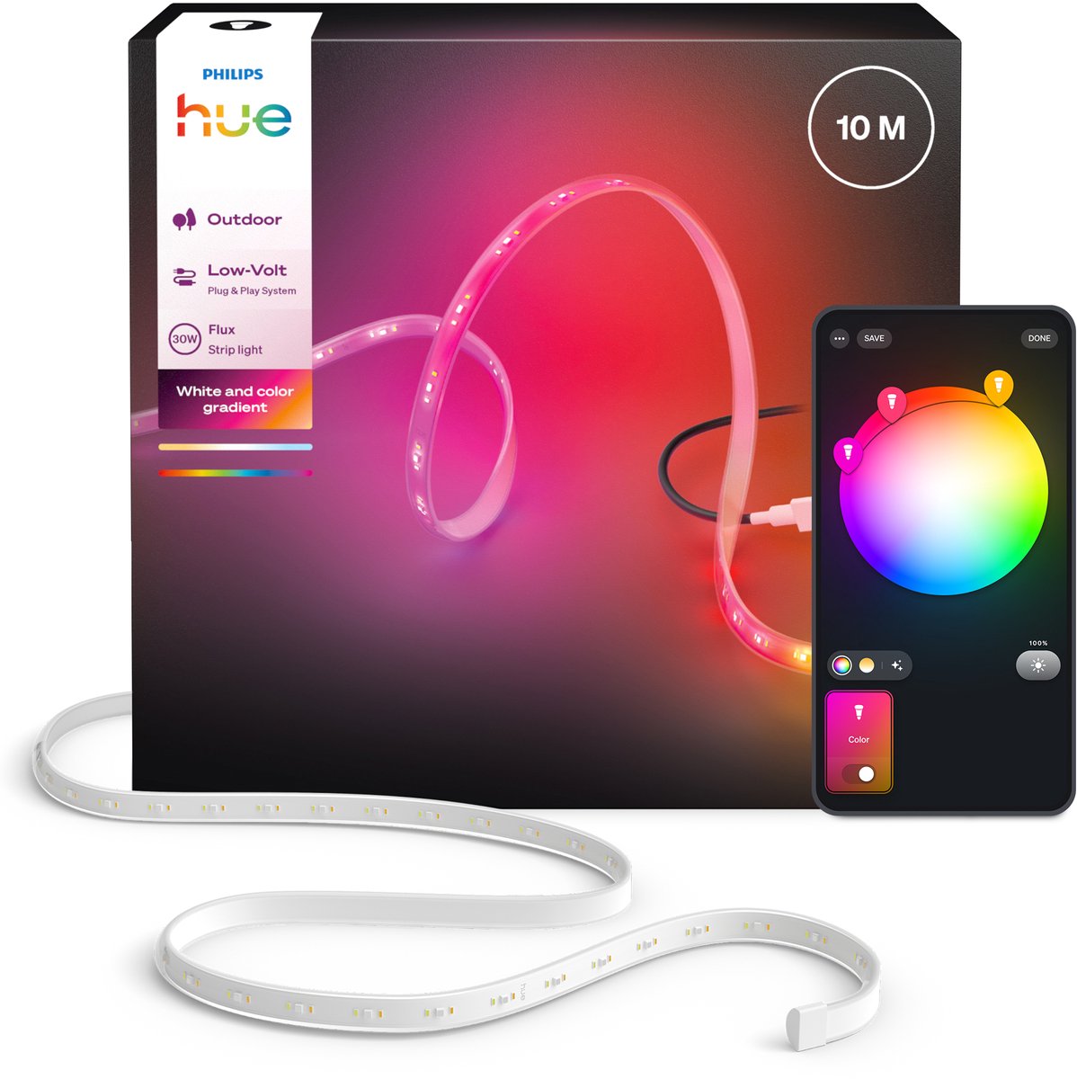 Striscia LED per esterni Philips Hue Flux da 10 m, transizioni di colore accurate da Chromasync™, luce bianca reale da 3000 lumen