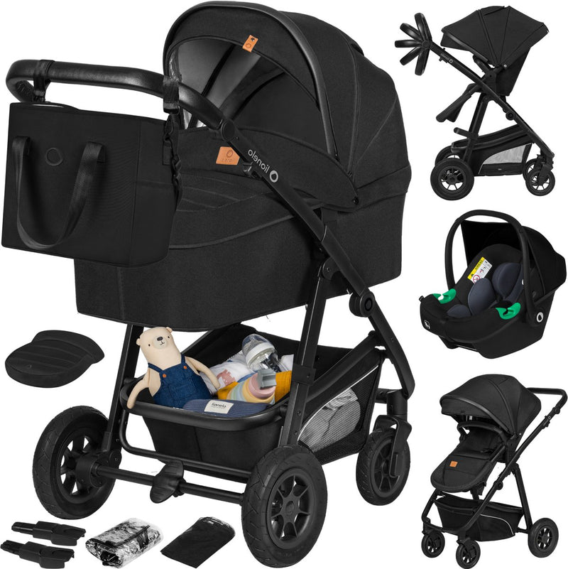 Passeggino Lionelo Bianca 3 in 1 - navicella + passeggino + seggiolino auto - pneumatici grandi, sospensione completa - pieghevole - barra di spinta regolabile - sedile reversibile per passeggino - 0-22 kg - set accessori - nero