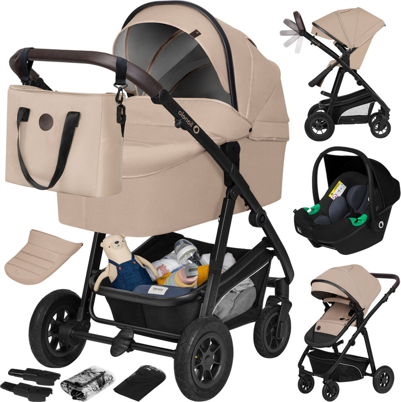 Passeggino Lionelo Bianca 3 in 1 - navicella + passeggino + seggiolino auto - pneumatici grandi, sospensione completa - pieghevole - barra di spinta regolabile - sedile reversibile per passeggino - 0-22 kg - set accessori - beige