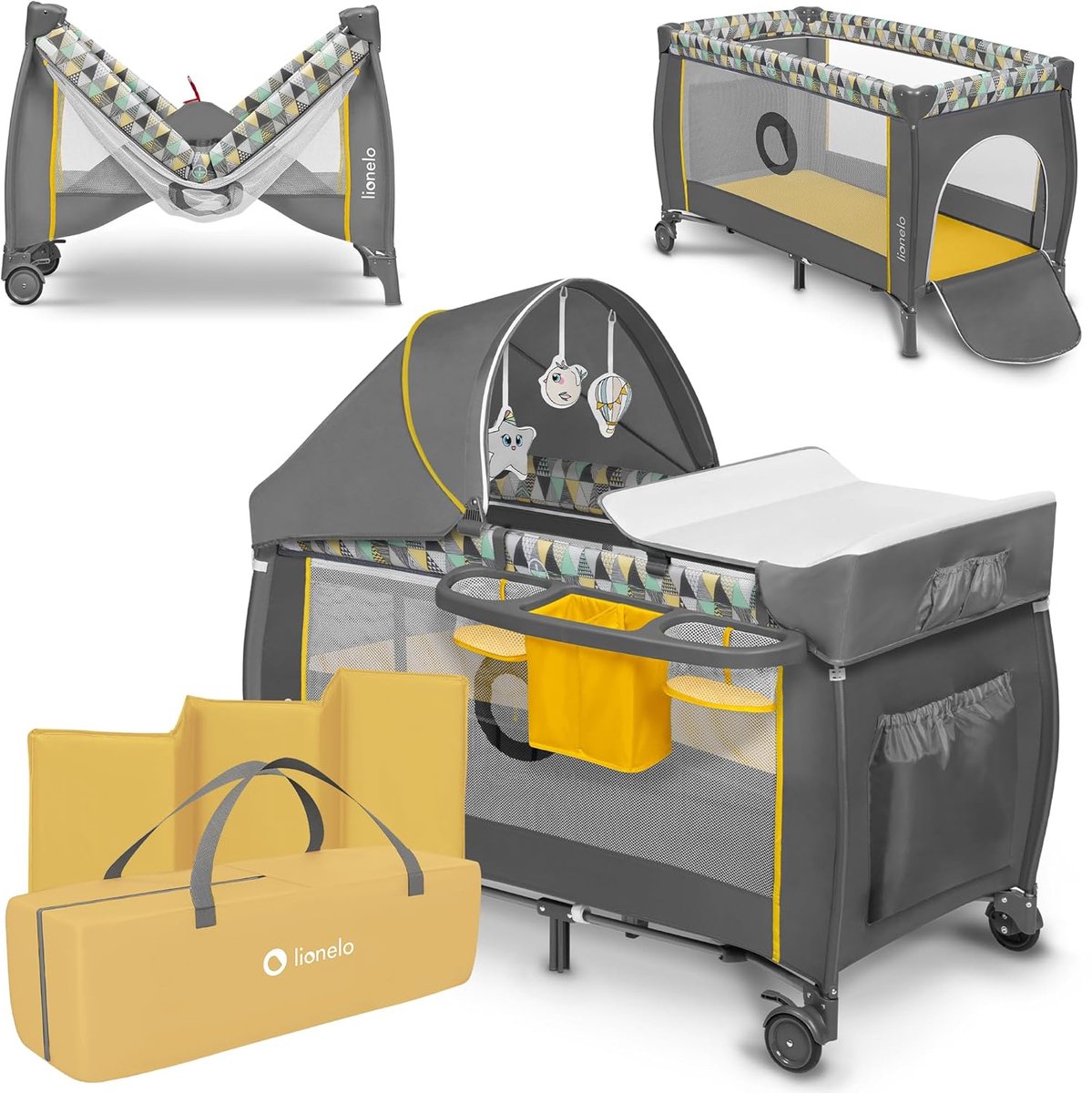 Lionelo sven plus 2in1 meegroeibed campingbedje - 127x60 cm - tot 15 kg - co-sleeper - reisbed met commode, organizer, klamboe en interactief speelgoed
