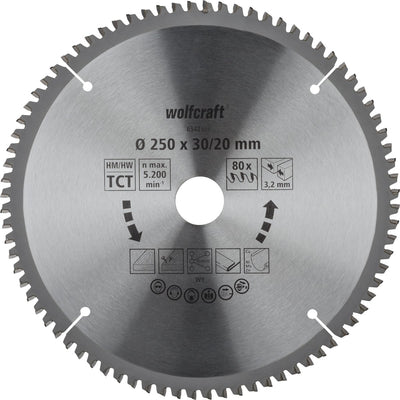 Wolfcraft - lama per sega 250 x 30 mm - 80 denti - sega trasversale - troncatrice - 6542000