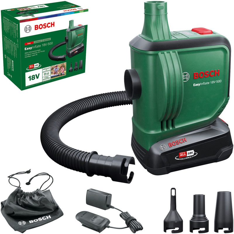 Bosch easyinflate 18v-500 - pompa ad aria a batteria - incl. 1 batteria 18 V 2,0 Ah - caricabatterie - 3 ugelli - tubo da 50 cm - custodia