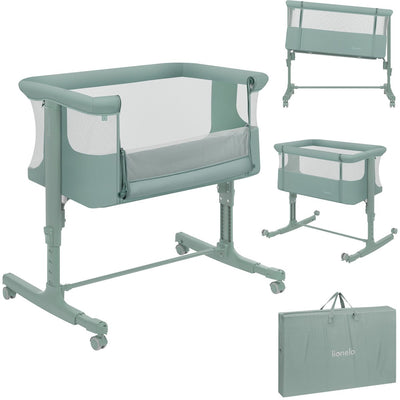 Lionelo aurora 3in1 co-sleeper - lettino fino a 9 kg - lettino pieghevole - 4 ruote con freni - lettino da campeggio - altezza regolabile - rete traspirante - inclusa borsa per il trasporto del materasso - rivestimento sfoderabile