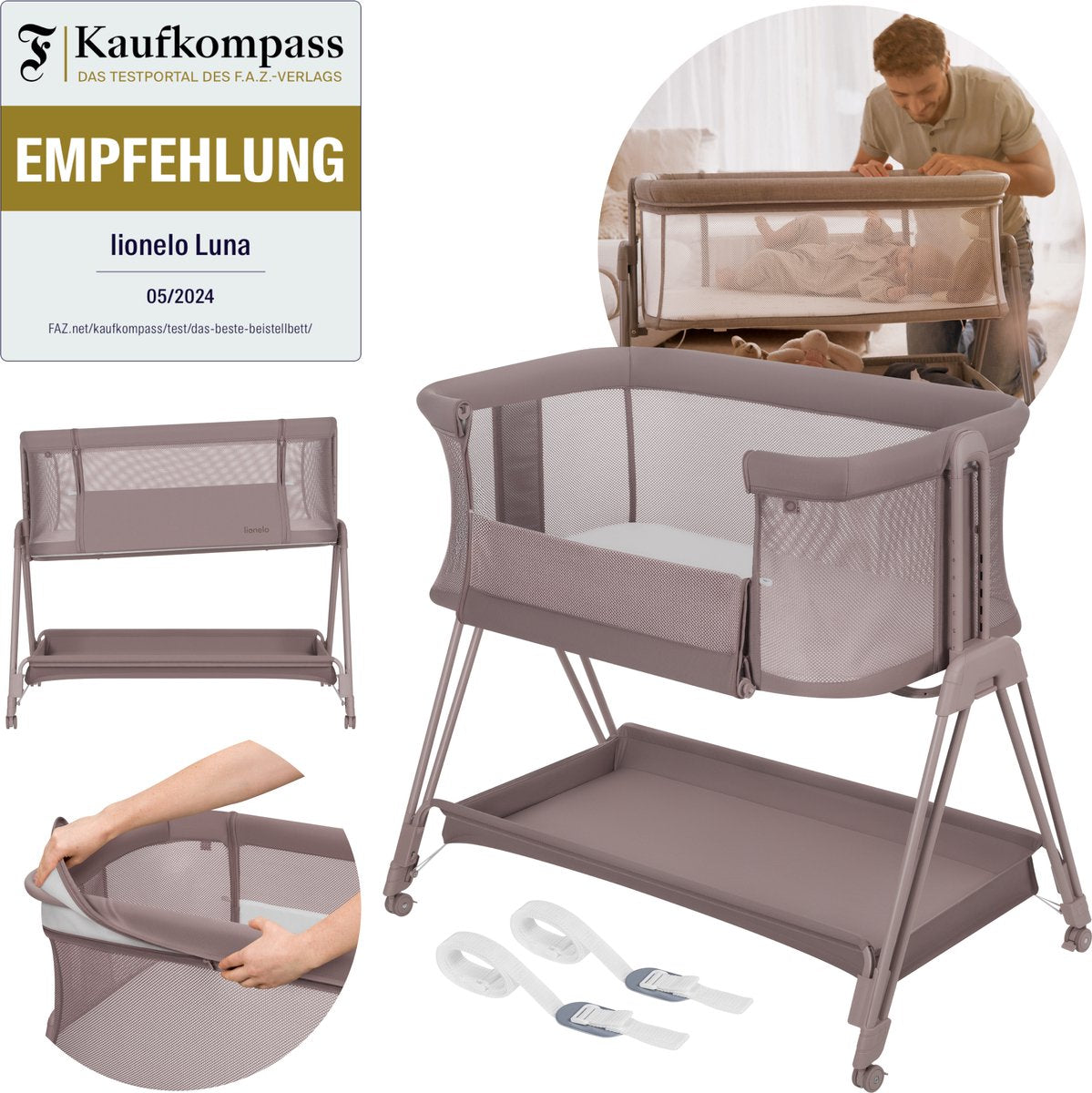 Lionelo luna – 2-in-1 babybedje co-sleeper – geboorte tot 9 kg – 7 hoogtestanden – kantelbaar matras – mesh zijkanten – wielen met blokkade – wasbare hoes – inclusief opbergmand
