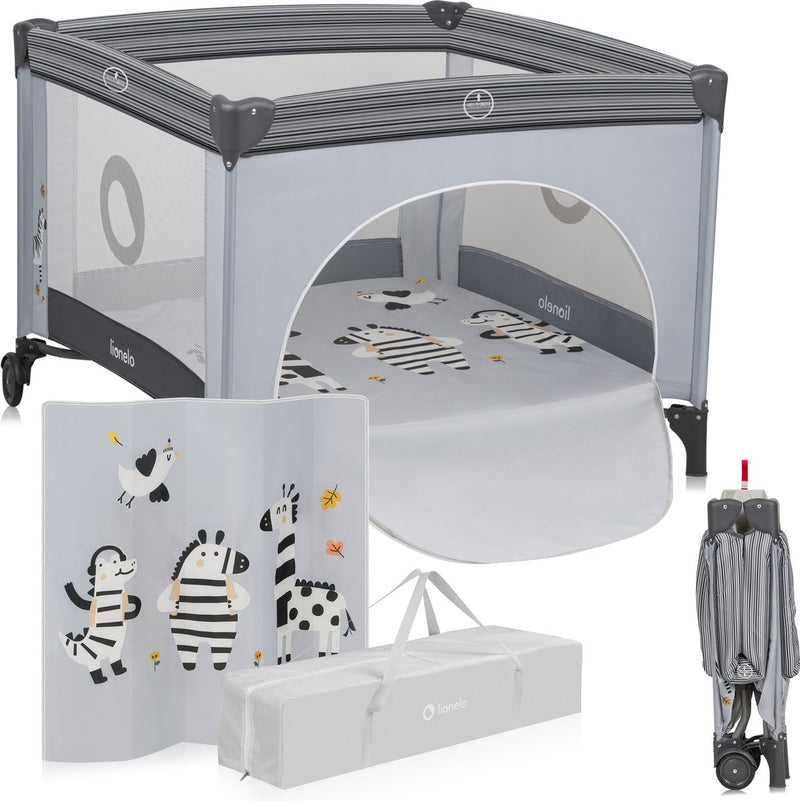 Box Lionelo Bonnie - lettino - fino a 15 kg - pareti laterali in rete ariosa - ampia area giochi - sistema per piegare e ripiegare rapidamente - borsa per il trasporto in dotazione