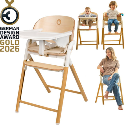 Seggiolone Lionelo Celia 3 in 1 in legno - da bambino ad adulto - poggiapiedi sedile regolabile - cintura a 5 punti - rivestimento in ecopelle - incluso vassoio pappa baby set - portata fino a 110 kg