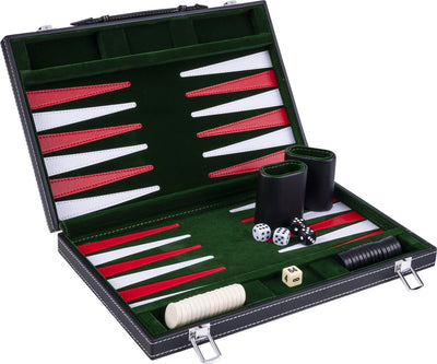 Longfield backgammon 15 inch - groen, rood wit gestikt bord - kunstlederen koffer met handvat - engelhart