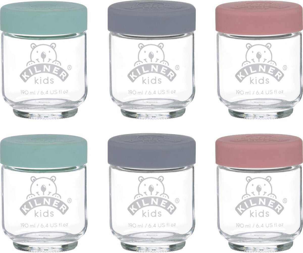 Kilner - juego de 6 tarros de comida para bebés - vidrio - tapas de silicona - 6 x 190 ml