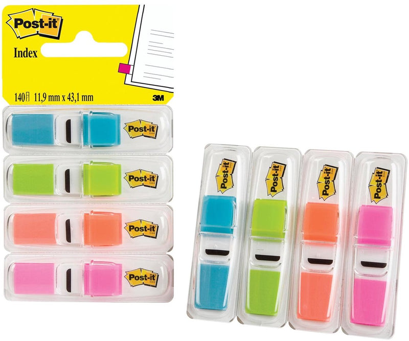 Dispensador estándar estrecho de índice Post-it®: azul brillante, verde brillante, naranja, rosa brillante