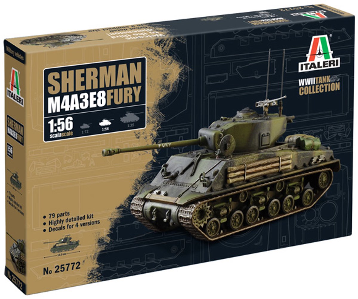 Italeri model kit aereo - 25772 m4a3e8 sherman fury tank wwii plastica - 1:56 - modellismo