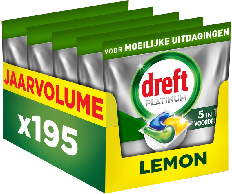 Capsule per lavastoviglie Dreft Platinum al limone - sfide difficili - filtro antigrasso - 5 x 39 pezzi