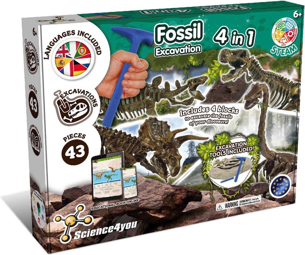 Science 4 you kit 4 in 1 per scavi fossili science4you - scavo di fossili di dinosauro - set di scavi per dinosauri - con martello scalpellatore