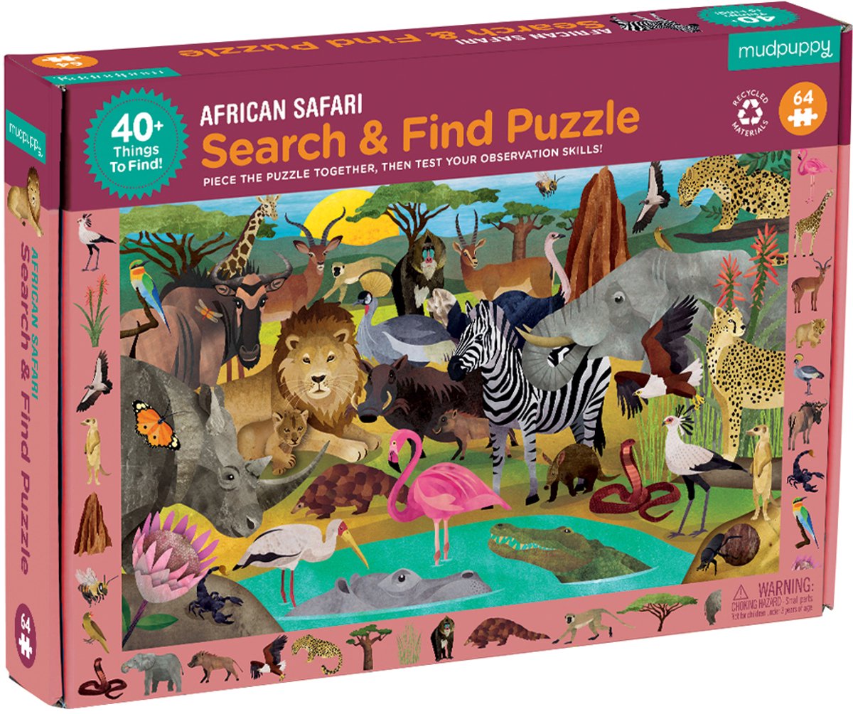 Puzzle Mudpuppy con oggetti nascosti - Safari africano - 59x39cm - 64 pezzi - 4 anni