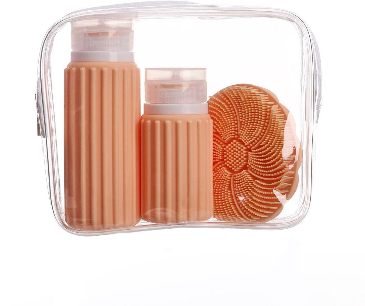 Borsa da viaggio Muitomas + spazzola per il viso + 2 flaconi - compatta - borsa trasparente impermeabile - flaconi da viaggio in silicone - peluria pesca